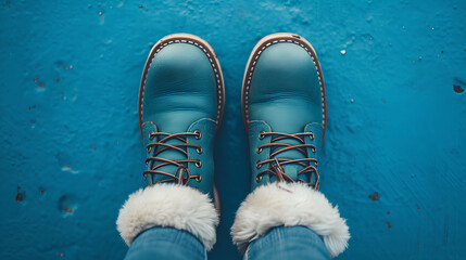 Winter woman boots on a blue background
