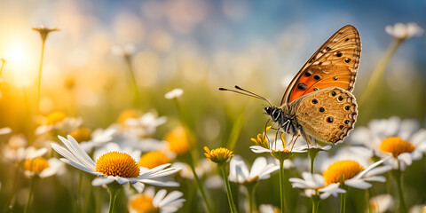 Obraz premium Butterfly on flowers at dawn, selective focus