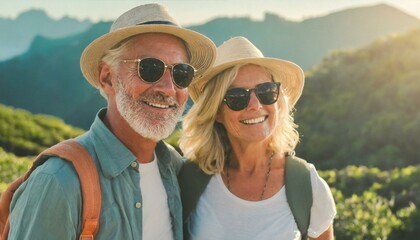  Happy Couple of mature people in sunglasses enjoying and having fun in vacations
