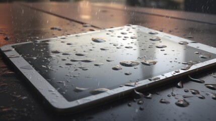 Fototapeta na wymiar Wet Smartphone Lying on a Reflective Surface
