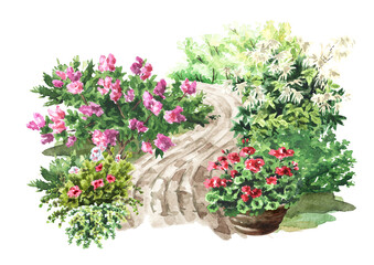 Garden Decorative flower bed and walking path, Landscape design. Hand drawn watercolor illustration isolated on white background