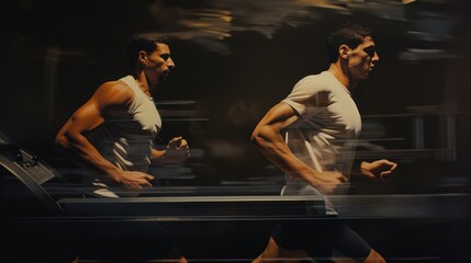 Two Men Jogging on Treadmills in Modern Gym - obrazy, fototapety, plakaty