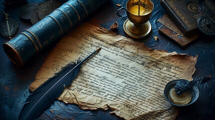 A detailed illustration of an old-fashioned quill pen writing cryptic notes on parchment, with a backdrop of dark academia inspired symbols and artifacts, blending art and mystery.