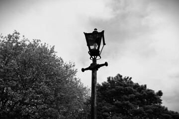 Black and white image. Antique lantern in the park.