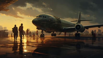 Rainy Twilight at the Airport with Passenger Aircraft