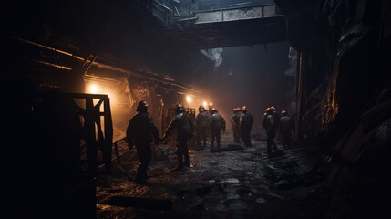 Miners Gathering Inside an Illuminated Mine Shaft - obrazy, fototapety, plakaty