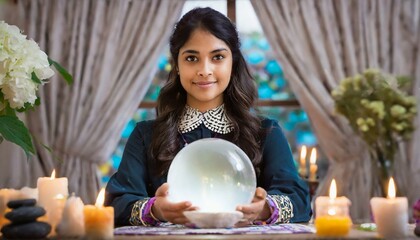 Gypsy young woman fortune teller working with glowing crystal ball, predicting future