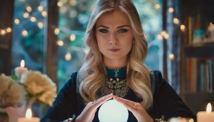 Gypsy young woman fortune teller working with glowing crystal ball, predicting future