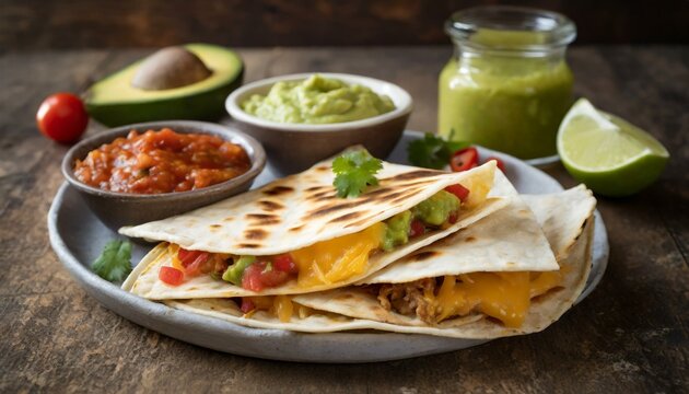 Quesadillas presented in a Tasteful Way with Melted Cheese on a Platter - Spanish or Mexican Cuisine