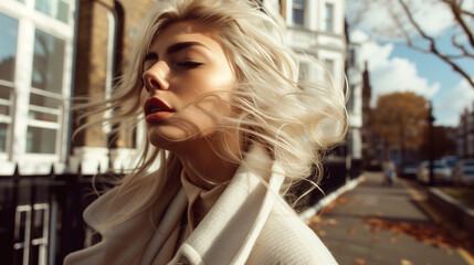 Fototapeta premium Woman with glossy wavy white long hair .