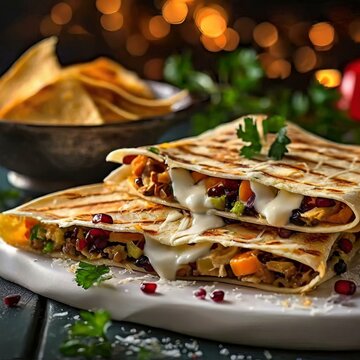 Quesadillas presented in a Tasteful Way with Melted Cheese on a Platter - Spanish or Mexican Cuisine