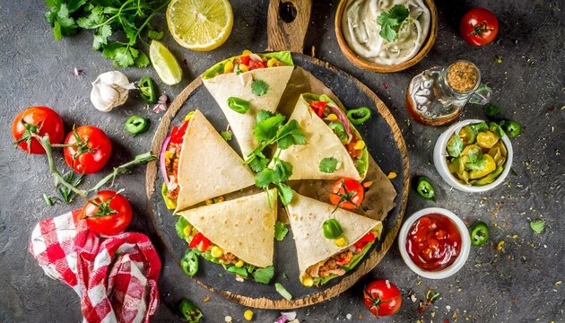 Quesadillas presented in a Tasteful Way with Melted Cheese on a Platter - Spanish or Mexican Cuisine