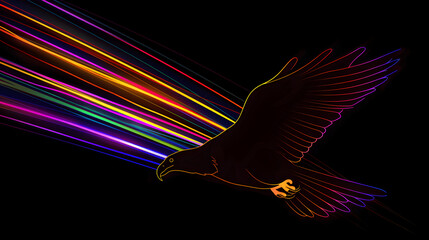Neon soaring eagle in vibrant light isotated on black background. Created with generative AI.