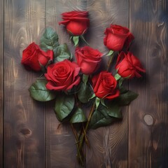 Red Roses on Wooden Surface