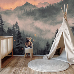 Children's room with tent, crib and mountain wallpaper - modern interior on wooden floor - interior decoration, style, living, watercolor mountains © 100choices