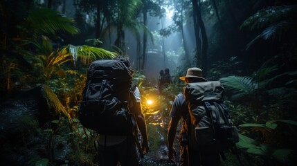 Hikers with Backpacks Trekking in Misty Jungle