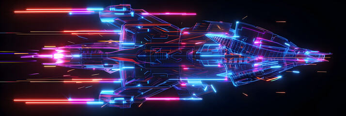 Neon spaceship in motion isotated on black background. Created with generative AI.