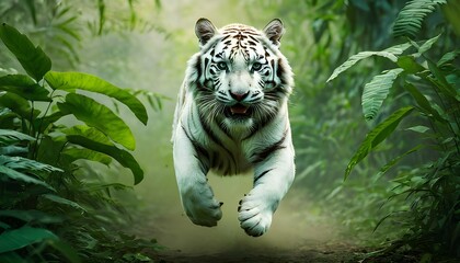 Excited white tiger running and jump in the jungle with green plants on the background