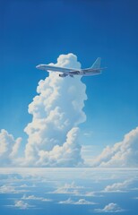 Commercial Jet Over Cumulus Clouds and Blue Sky