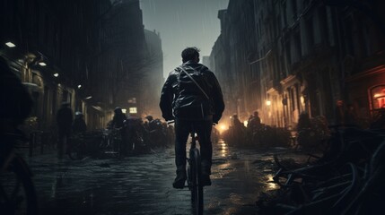 Commuter Cycling Through Rainy Urban Street
