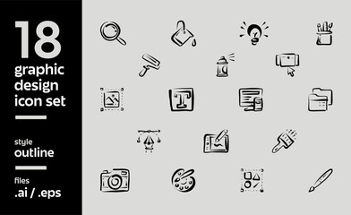 18 Graphic Design Icons Set Vector Single Colour Outlined