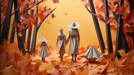 Obraz na płótnie Canvas Autumn Family Stroll in Paper Craft Style