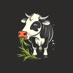 Flat Logo of a cow eating grass, cartoon style, monochrome background