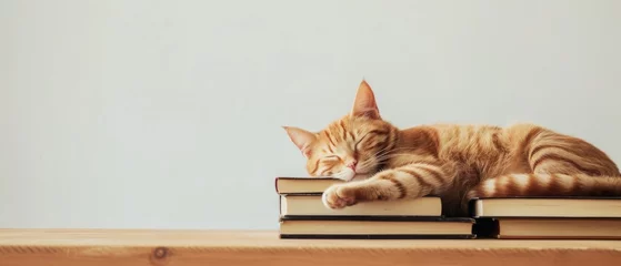 Foto op Plexiglas Cute cat sleeping on top of a pile of books. © AIExplosion