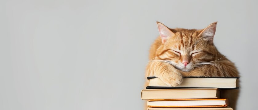 Cute cat sleeping on top of a pile of books.