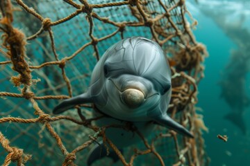 Baby dolphin entangled in a fishing net. Ocean pollution, environmental problems.