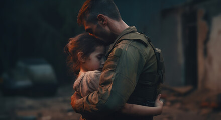 Tender Moment Between Soldier and Child Amid Destruction