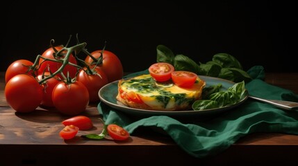 Spinach and Tomato Omelette on Rustic Table
