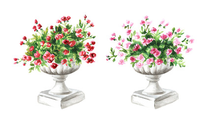Garden decorative marble flowerpot set, Landscape design element,  Hand drawn watercolor illustration, isolated on white background