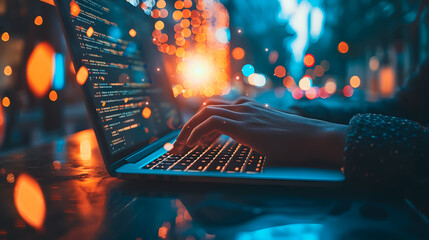 Detail of female hands chatting, playing on a laptop computer in a modern city bokeh background.