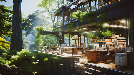 Fototapeta premium a view of a house, a View of the house in the forest An environment consisting of green trees, good air, and environmentally friendly and sustainable development.