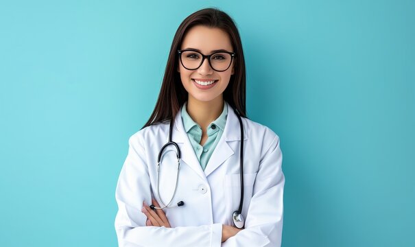 A young beautiful smiling woman doctor with a stethoscope on a blue background. A banner with a portrait of a doctor and space for text.