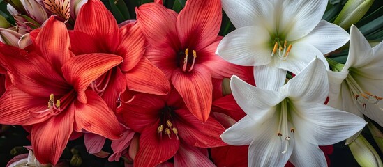 A variety of red and white flowers, including lilies, are beautifully arranged together in a...
