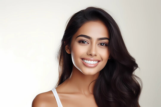 a closeup photo portrait of a beautiful young asian indian model woman smiling with clean teeth. used for a dental ad. isolated on white background