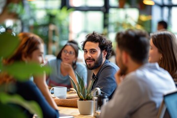 Focused shot of a young man in a social setting, surrounded by colleagues, engaging in a lively discussion at a modern café with a warm and inviting atmosphere.