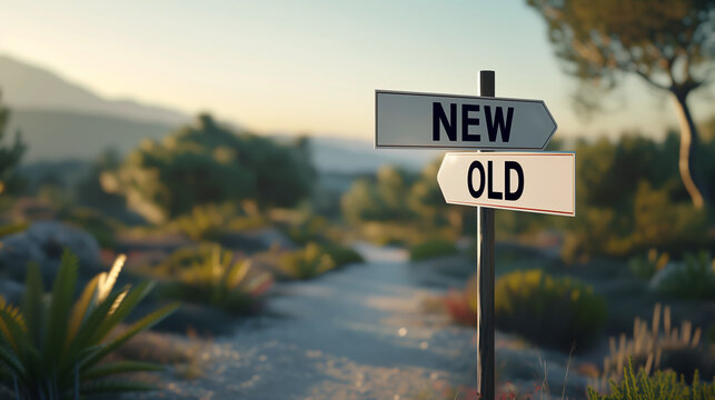 Old vs new way sign. Traditional or modern direction choice