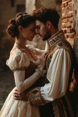 A beautiful romantic couple, a man and a woman, in ancient clothes, against the backdrop of an ancient castle, look at each other, cover for a book novel 