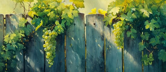 An art piece depicting a landscape with a wooden fence adorned with grape vines, showcasing the...