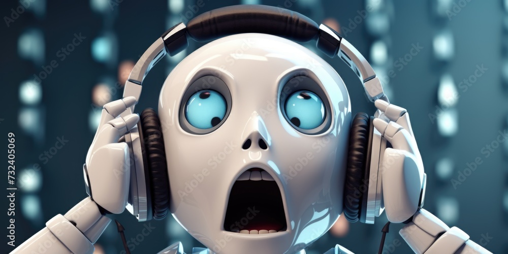 Poster a robot wearing headphones with a surprised expression on its face. suitable for technology and musi