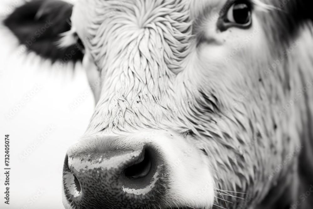 Poster a close-up photo of a cow's face in black and white. suitable for various uses