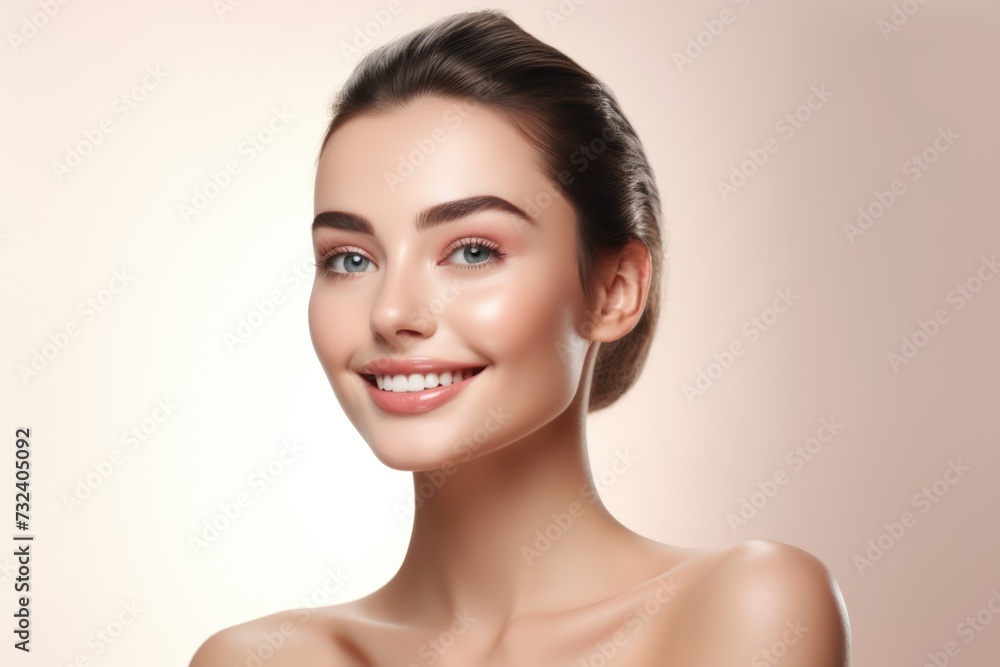 Poster A stunning young woman with flawless skin posing for a picture. Perfect for beauty and skincare concepts