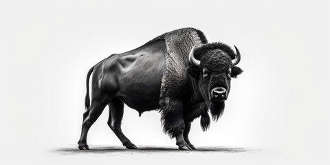 A black and white photo capturing the image of a bison. Suitable for various uses