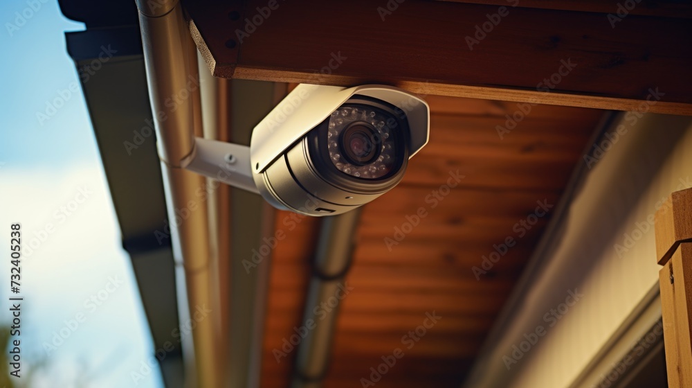 Poster a security camera mounted on the side of a house. can be used for surveillance and monitoring purpos