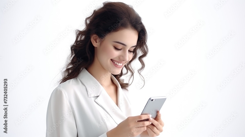 Poster a woman in a white coat is seen looking at her cell phone. this image can be used to depict modern t