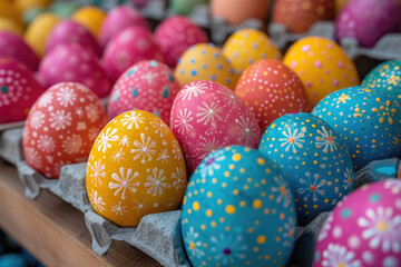Fototapeta na wymiar Hand painted Easter eggs, adorned with various patterns, displayed neatly in rows