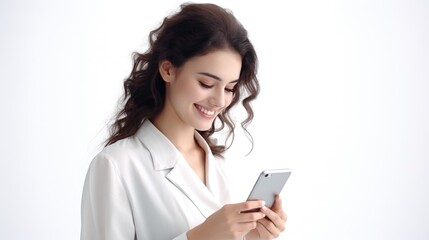 A woman in a white coat is seen looking at her cell phone. This image can be used to depict modern technology usage in professional settings
